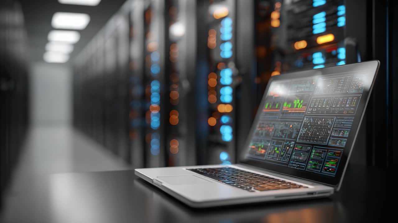 Un moderno data center che mostra tecnologia avanzata, con un laptop che visualizza analisi di rete e metriche di performance tra i rack dei server.
