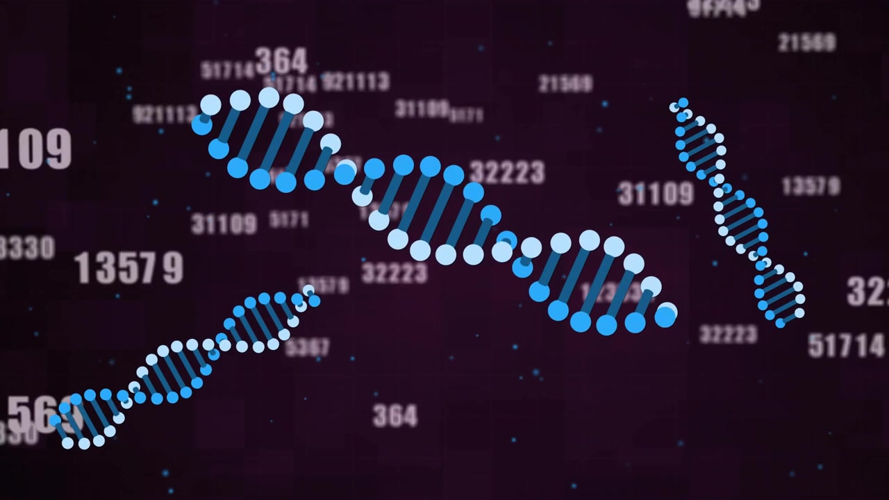 Dot clusters drifting forming DNA helix with rotating side helices and sliding code showing genes