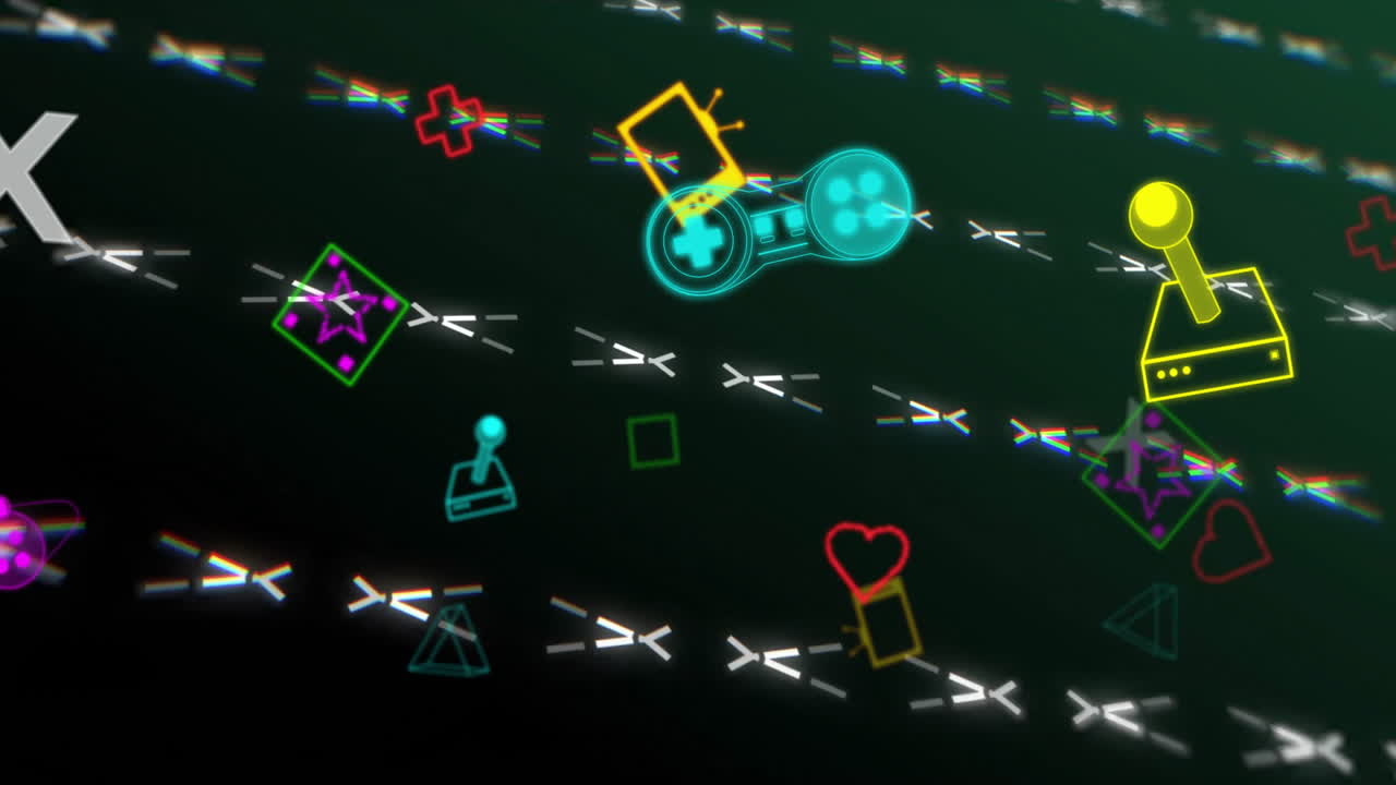 Animation of neon gaming icons over white lines moving