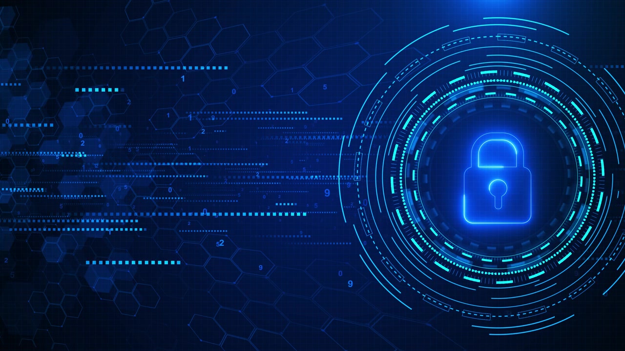 Blue cyber security lock interface background with glowing padlock circular hud rings hexagon