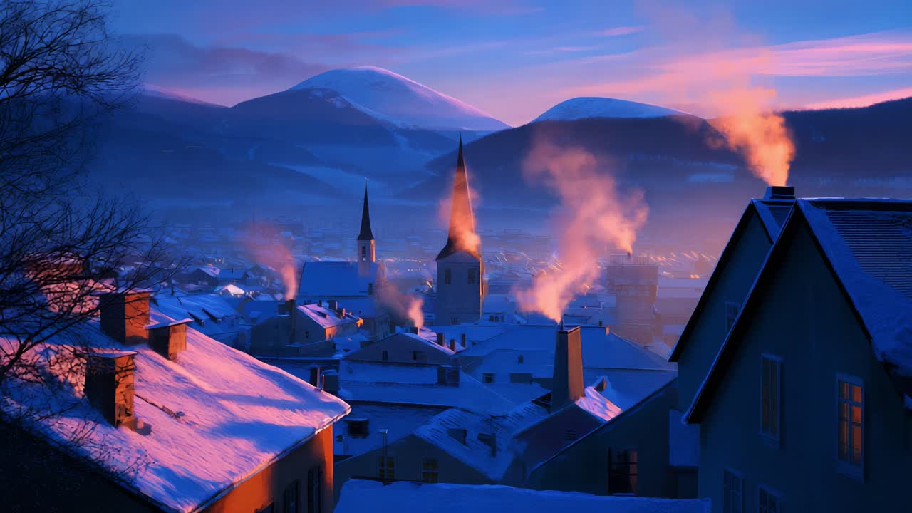 A Serene Winter Dawn Over a Snowy Town, Capturing the Beautiful Contrast of Warm Chimney Smoke against Frosty Roofs, Majestic Mountains in the Background Glowing in the Early Morning Light