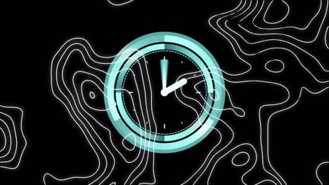 Animation-of-moving-white-lines-and-clock-over-black-background