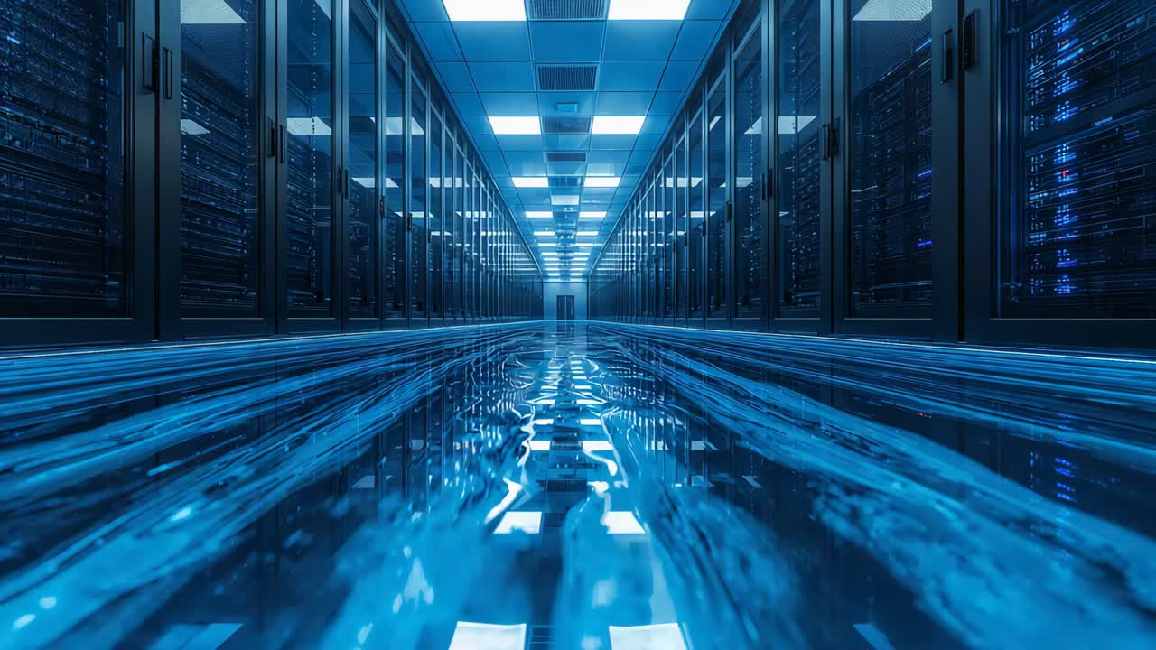 Telecamera in movimento che scorre in avanti sul pavimento del corridoio centrale attraverso il data center, mostrando i LED dei rack