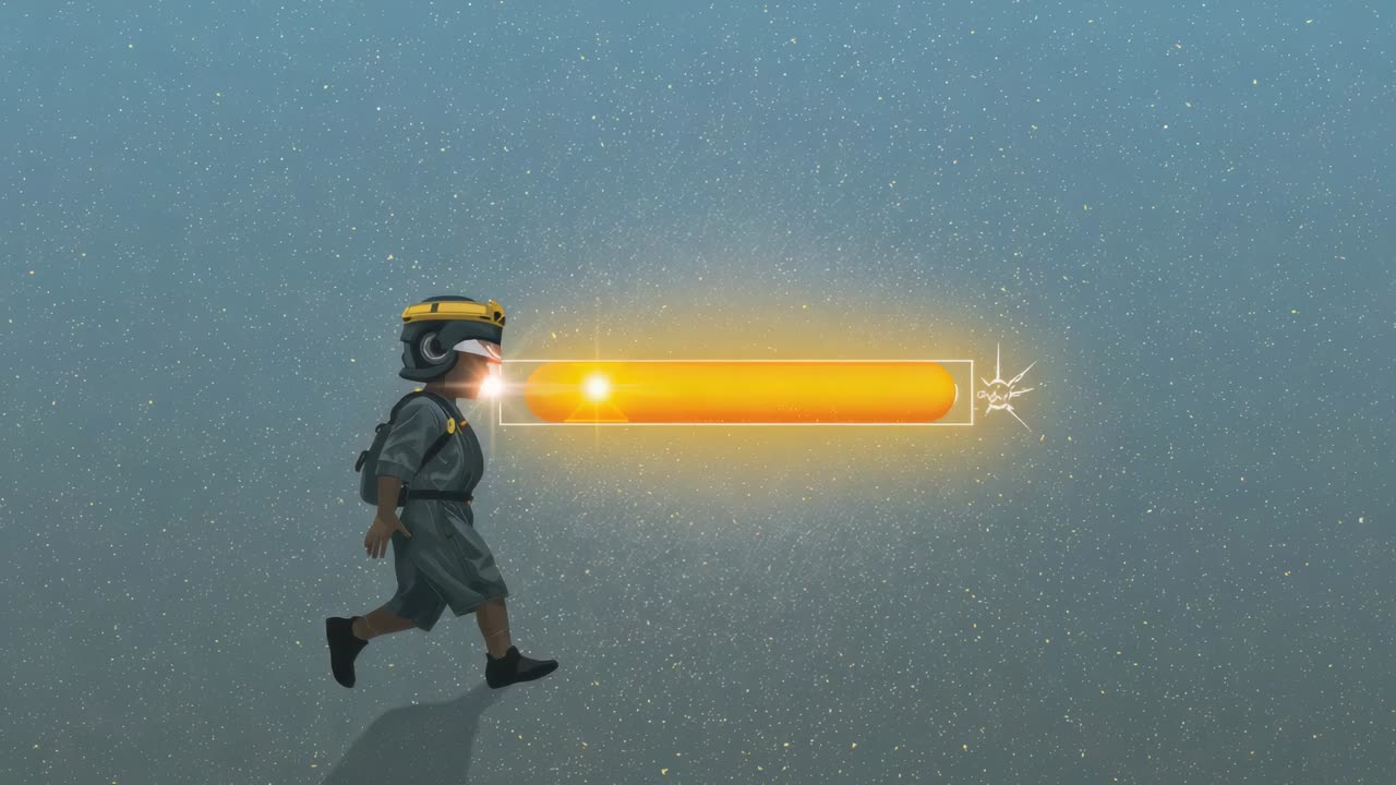 Projecting beam from visor, helmeted child walking right in bluish-gray void, copy space