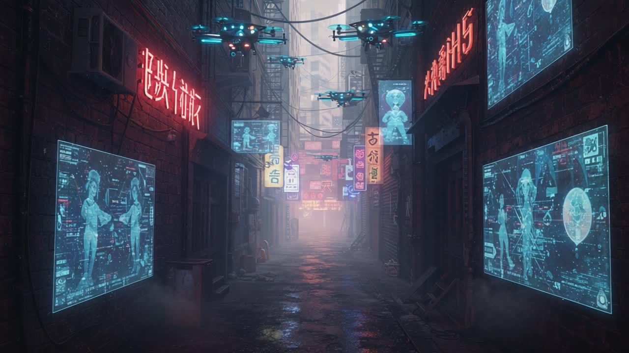 Futuristiska grändscener i stadsmiljö som belyser neonskyltar, holografiska displayer och drönarövervakning i en dimmig miljö.