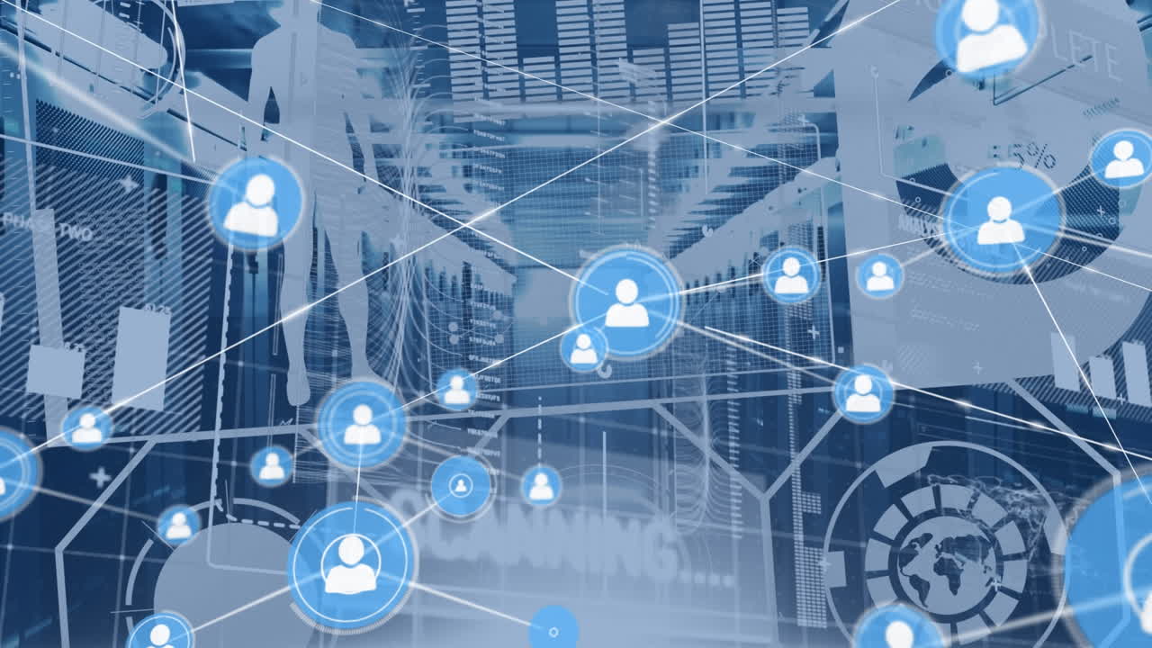 アイコンの接続ネットワークのアニメーションとサーバールーム上のデータ処理