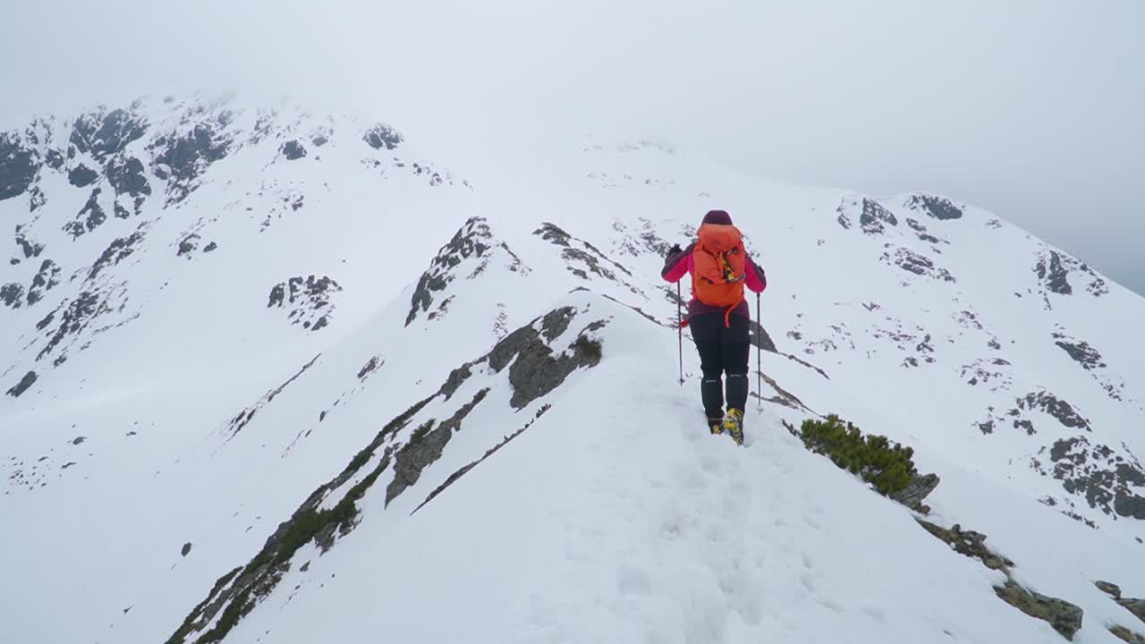 오렌지색 배 ⁇ 을 들고 있는 등산객 이 봉우리 근처 에 있는 눈으로  ⁇ 인 산꼭대기 에서 기둥 을 들고  ⁇ 고 있다