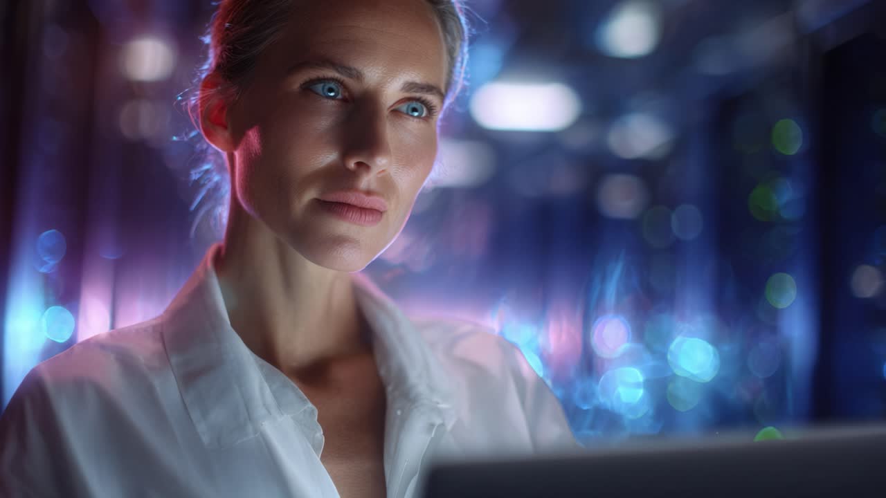 Focused female professional analyzing data in a high-tech environment, illuminated by vibrant blue and purple lights, with a laptop as her primary tool for insight