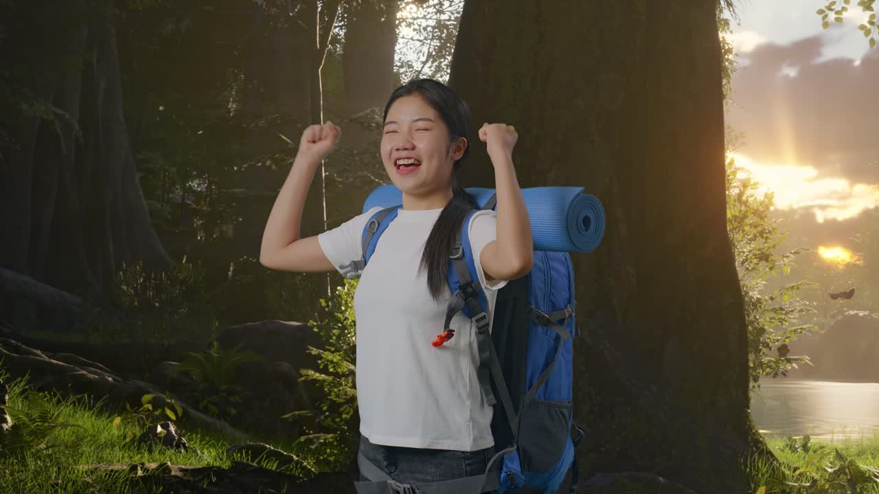 산악 등반 배을 들고 있는 아시아 여성 하이커의 측면 시각 숲의 자연을 탐험하는 동안 성공을 축하하는 목표