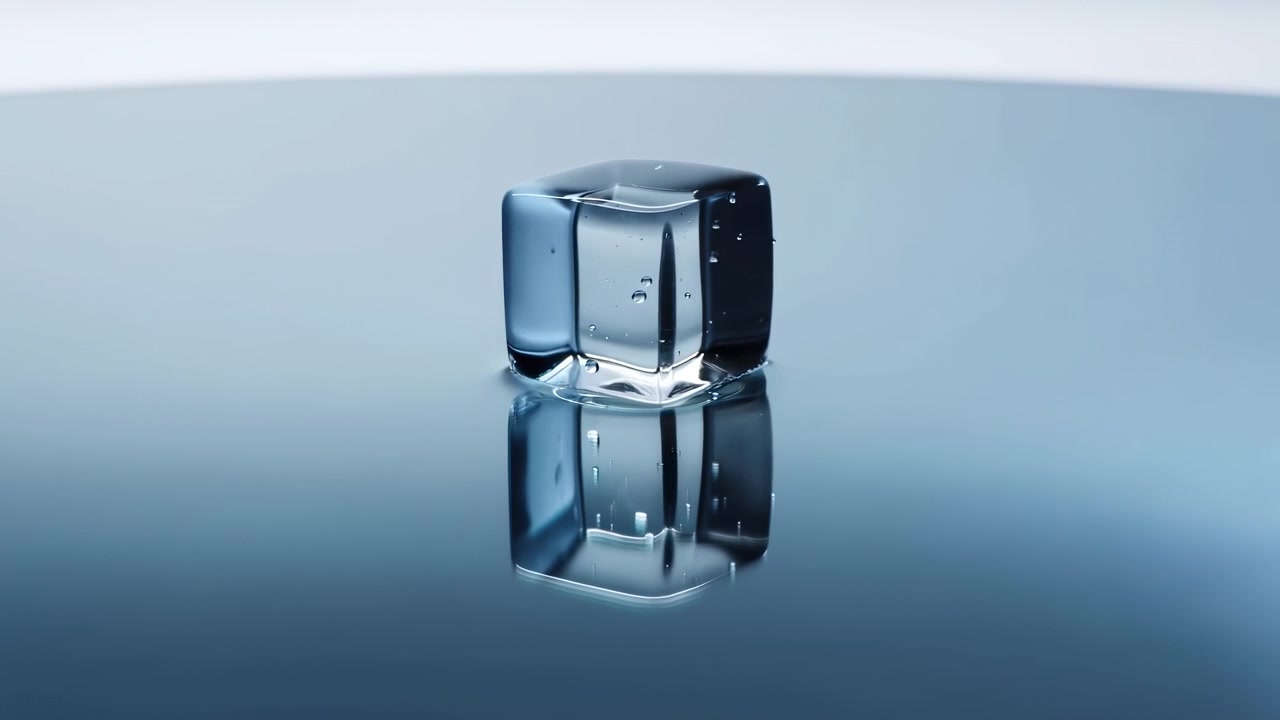 Un singolo cubetto di ghiaccio trasparente sta in piedi su una superficie lucida riflettente con un riflesso specchiato sotto e una sottile pozzanghera d'acqua alla base, creando una scena da studio minimale blu freddo con una fresca texture ghiacciata.