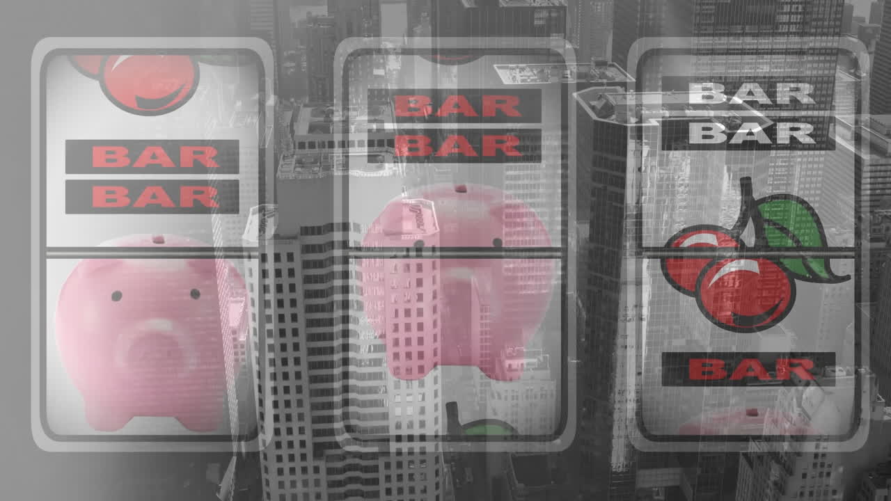 도시 풍경 위의 카지노 과일 기계의 애니메이션