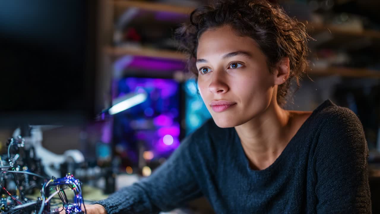 A Focused Moment of Introspection: A Young Woman in a Dimly Lit Room Engaged in Creatively Crafting and Exploring Technology, Surrounded by Intricate Gadgets and Tools, Highlighting Innovation and Passion