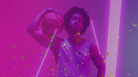 Animation-of-confetti-and-neon-pattern-and-biracial-basketball-player