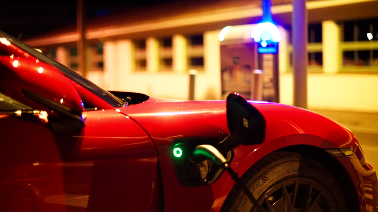 Red, electric car charging on the street at night