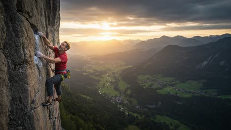 a climber's journey: scaling a majestic rock face at sunset, capturing the thrill of adventure and the beauty of nature's canvas in the mountains