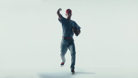 caucasian professional baseball player pitcher throwing a ball towards camera isolated on white background. 4k uhd 60 fps slow motion