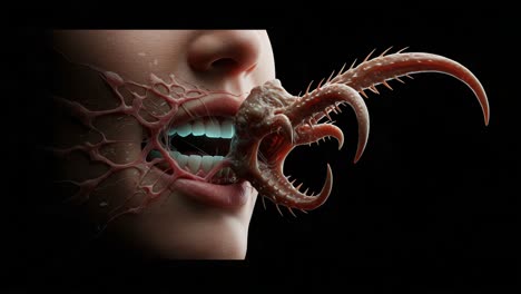 a surreal depiction of a mouth being invaded by a monstrous creature, showcasing a blend of horror and surrealism with intricate textures and disturbing imagery