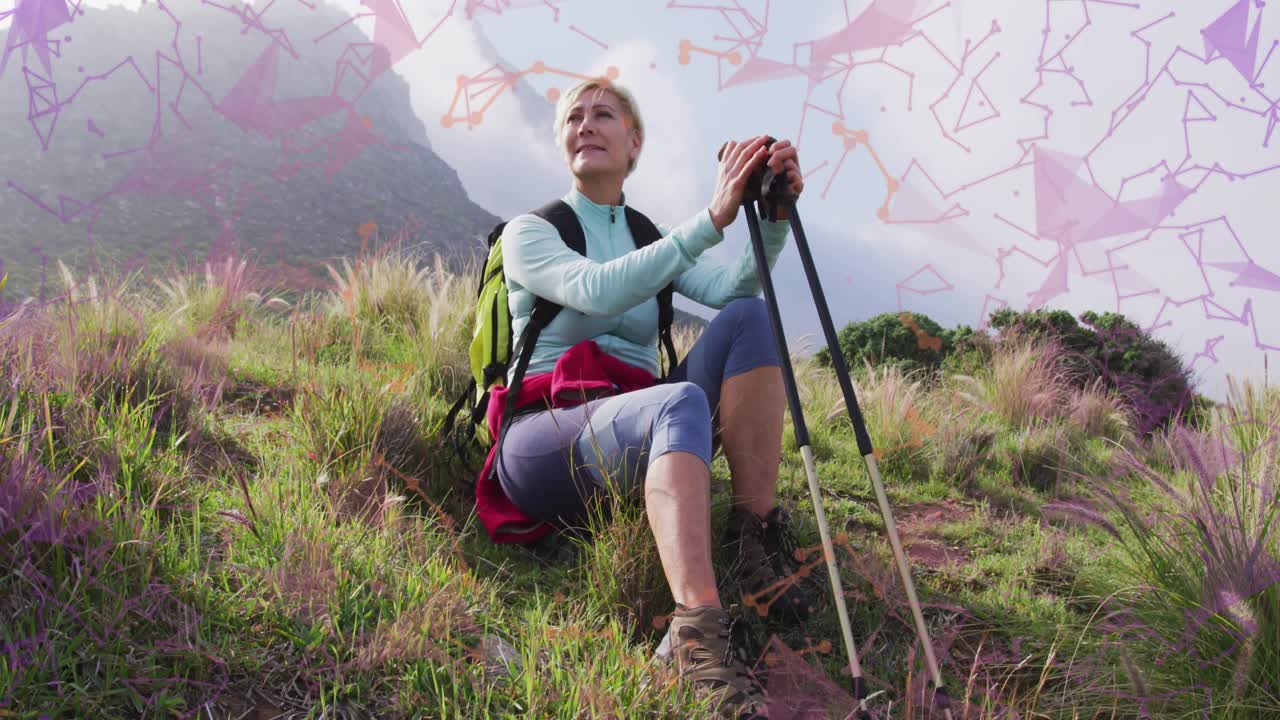 travel hiker pausing on slope causing animated gauge rising with map overlay while scanning peaks