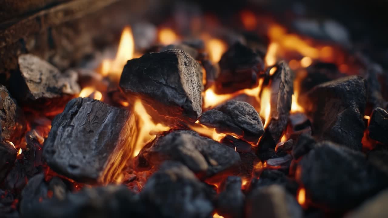 Capturing the Glowing Charcoal: A Close-Up Perspective of Radiating Heat and Texture Before and After Ignition for an Engaging Visual Exploration