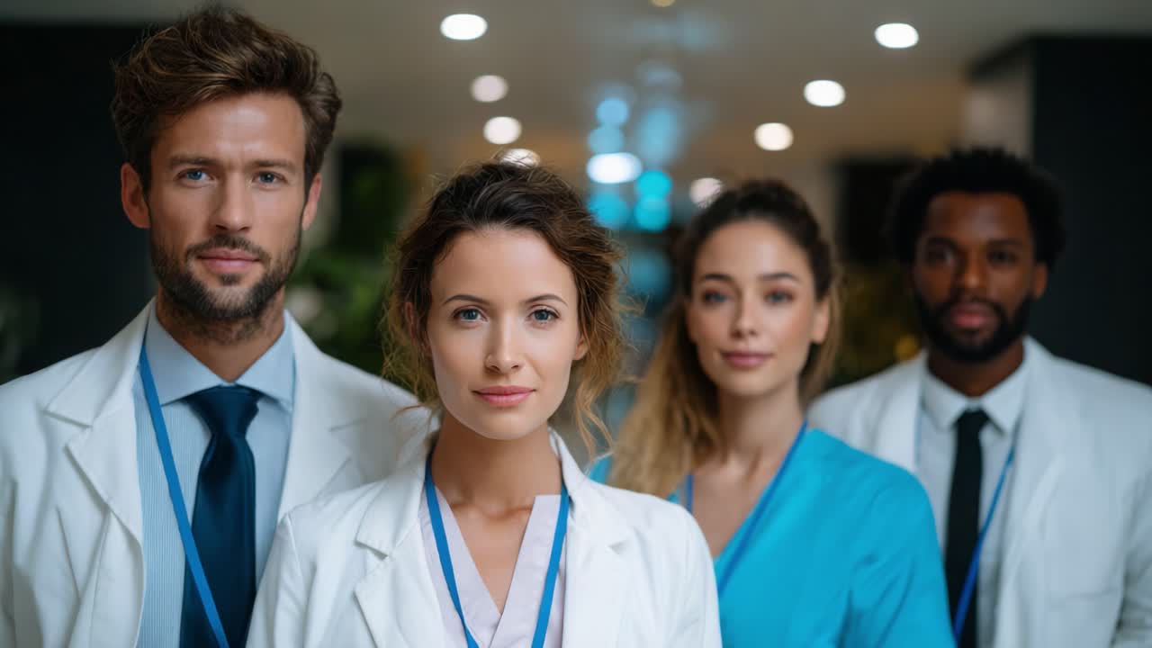 A group of healthcare professionals displaying confidence and teamwork in a modern clinical setting, emphasizing their commitment to patient care and collaboration within the medical field