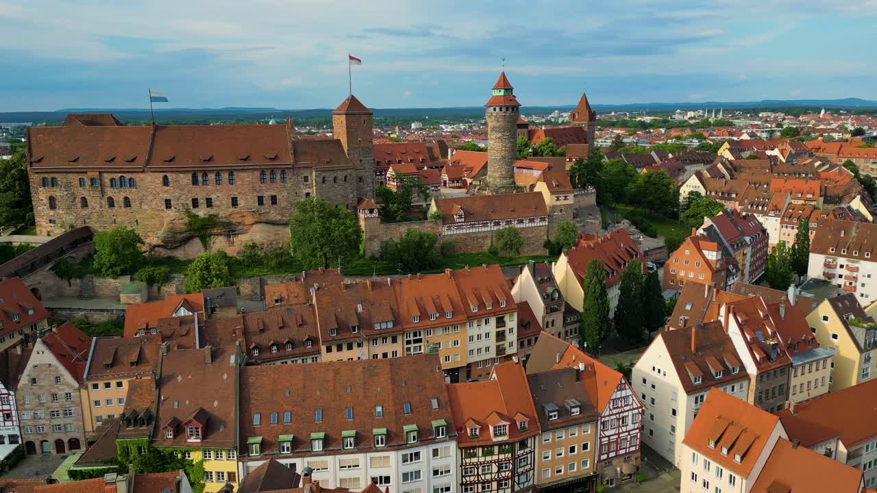 4K Aerial Drone Video of the Imperial Castle and Albrecht Dürer House Art Museum in Downtown Nurnberg, Germany