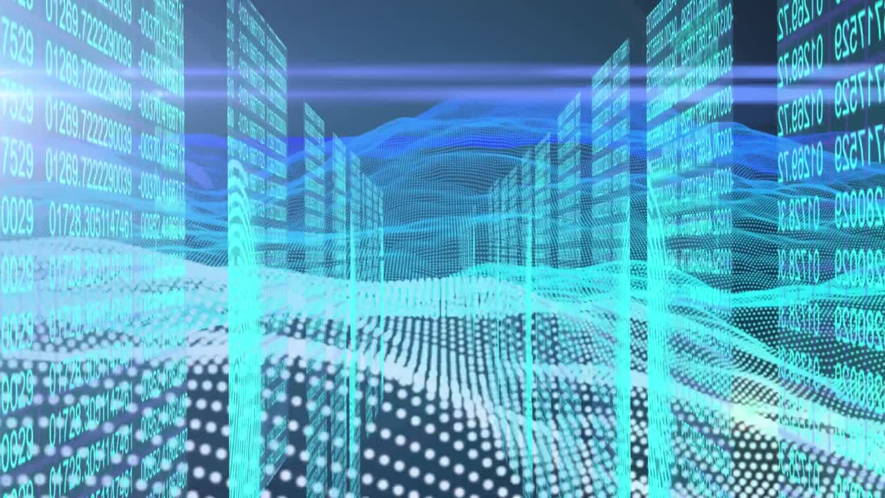 Animation of data, lights, metaverse landscape and digital space