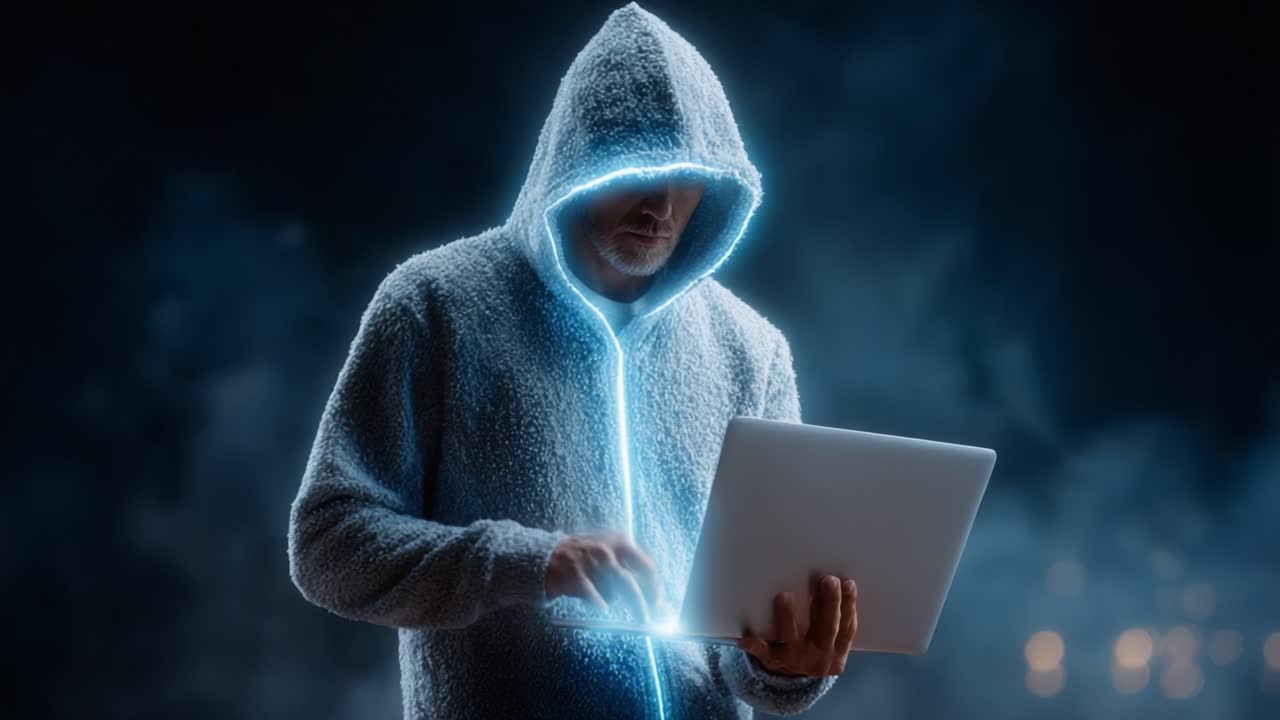 A mysterious figure wearing a glowing hooded sweatshirt interacts with a laptop, immersed in a digital environment filled with smoke and ethereal lighting, evoking a sense of tech-driven intrigue