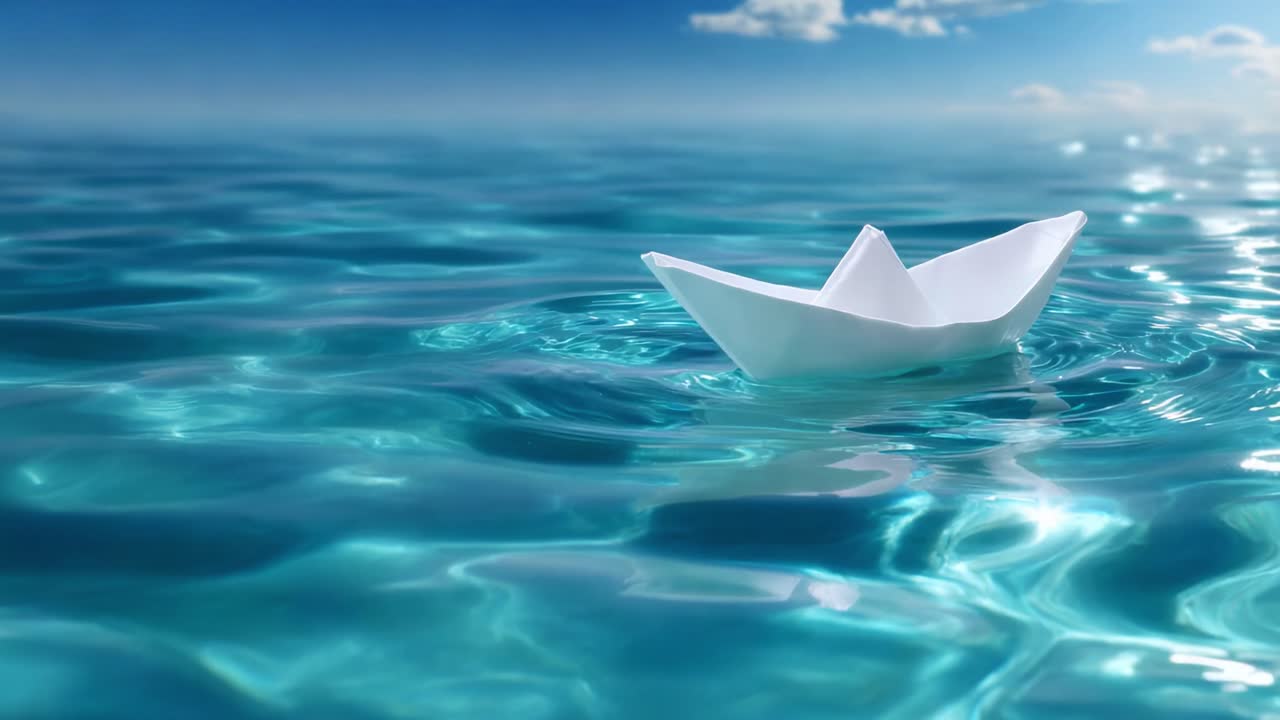 A Serene Moment Captured: A Delicate Paper Boat Floating Gracefully on Tranquil Waters Under a Clear Sky, Exuding a Sense of Calm and Dreamlike Beauty in an Expansive Ocean