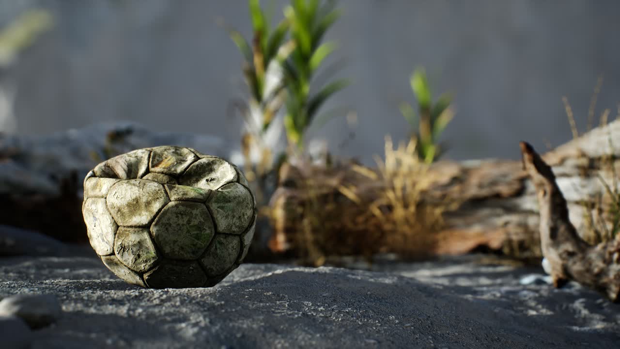 старый разорванный футбольный мяч брошенный лежит на песке морского пляжа