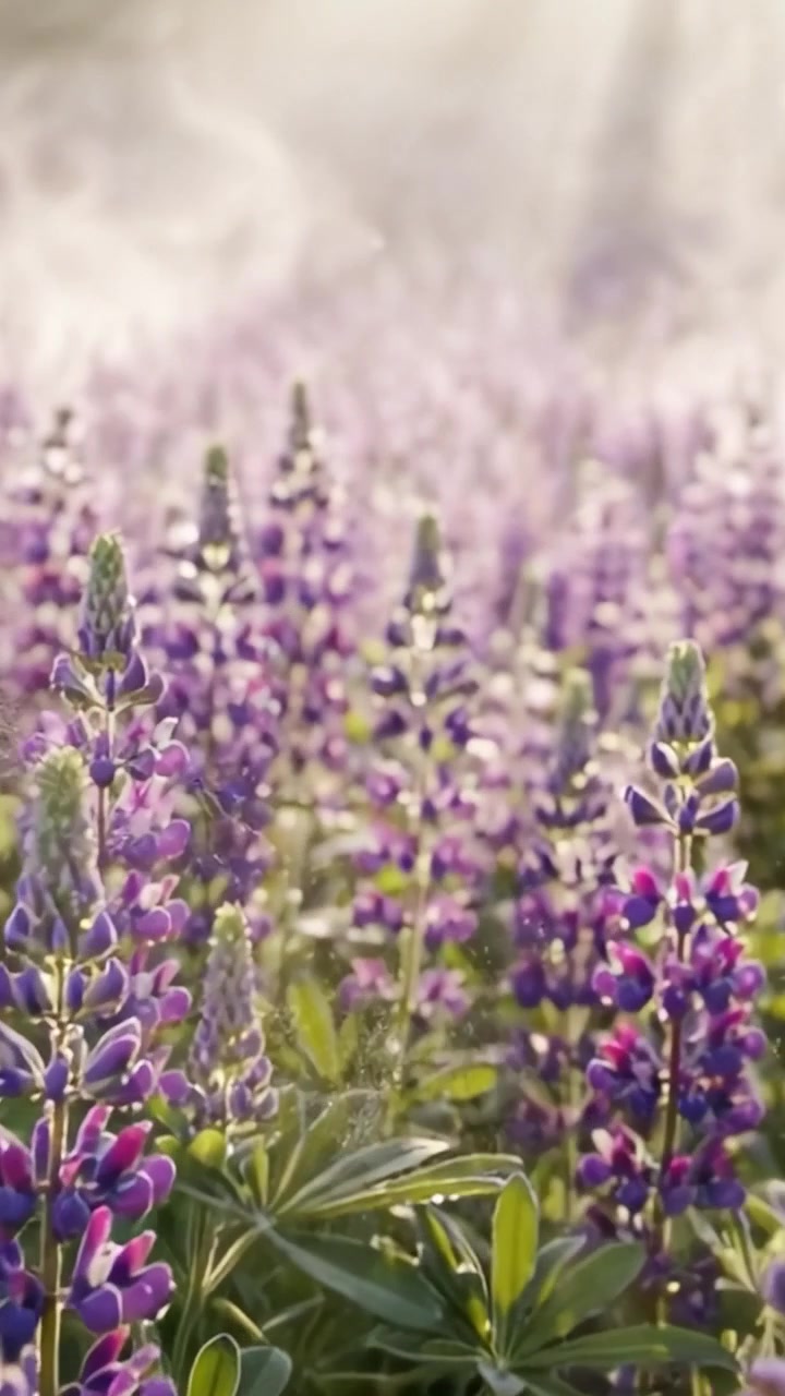 Un campo sereno di lupini in fiore che brillano alla luce del sole mattutino, creando un'atmosfera sognante con una leggera foschia e una bellissima palette di colori viola e verde.