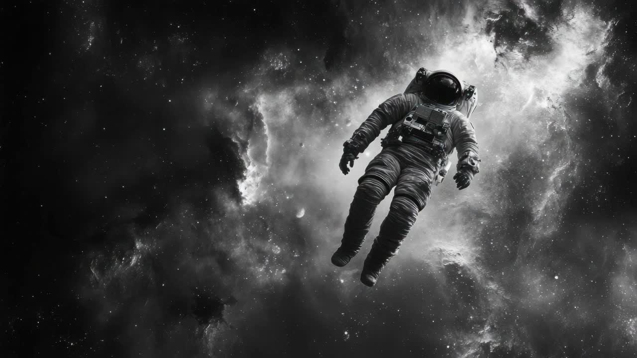 A black and white video still of an astronaut floating in space, captured from a low angle
