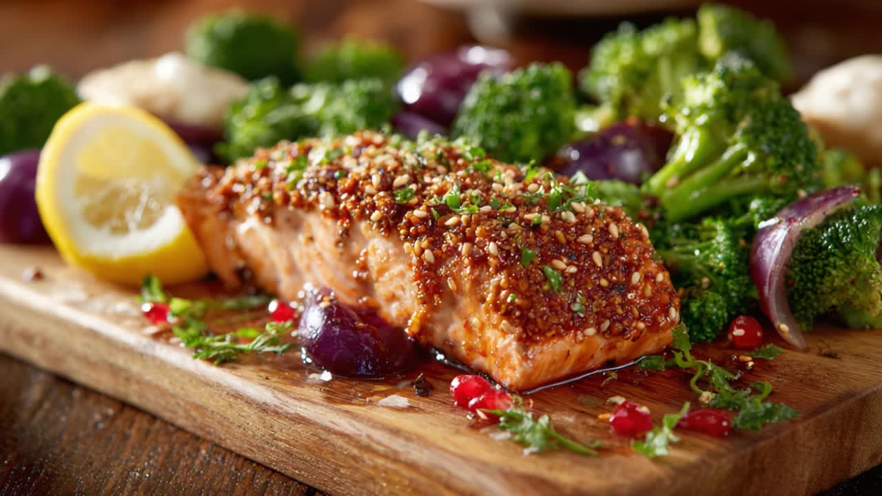 Deliciously Grilled Salmon Fillet Topped with a Crunchy Sesame Crust Accompanied by Fresh Broccoli and Colorful Vegetables on a Rustic Wooden Platter