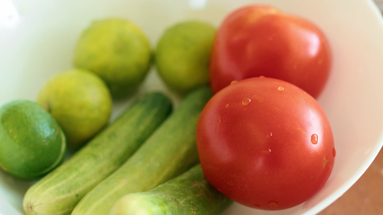Preparing a Salad with Tomatoes, Cucumbers and Limes