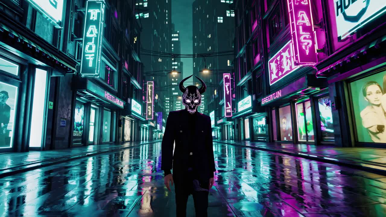 hombre cyberpunk en la ciudad de neón por la noche