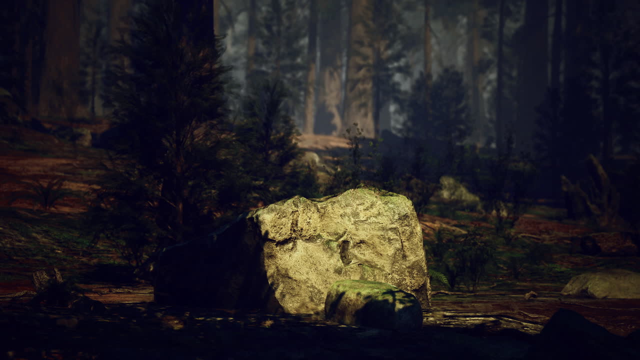 Moss covered rock surrounded by trees in a dense forest during twilight