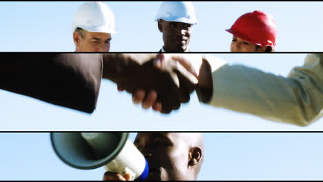 architects at work, handshake and man with a megaphone. concept of teamwork