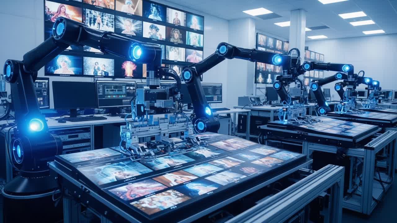 A Futuristic Workspace Featuring Advanced Robotic Arms Engaged in Image Manipulation and Processing Tasks in a High-Tech Environment with Multiple Displays