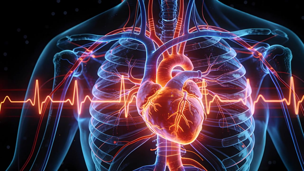 Cuore anatomico che pulsa rispondendo al picco ECG in una gabbia toracica 3D, illuminando le arterie coronarie.