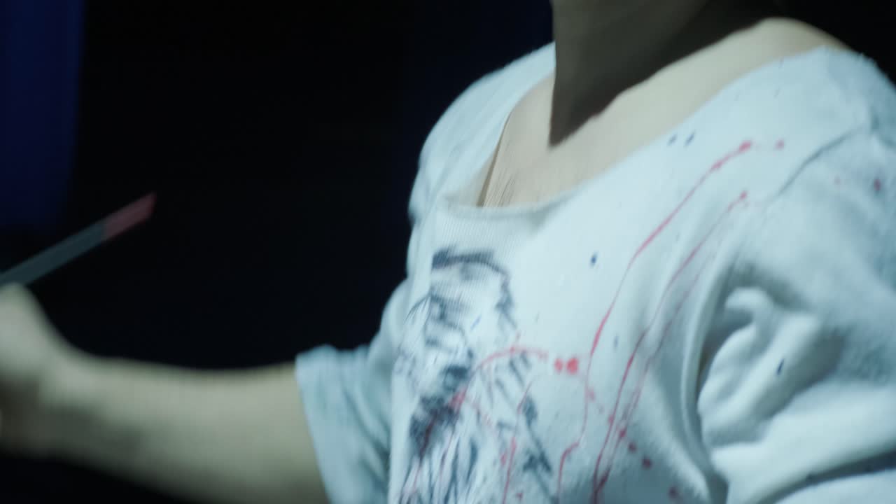 Talented Innovative Artist Draws on the Large Canvas, using two hands. Contemporary Painter Creating Abstract Modern Art. Speed painter