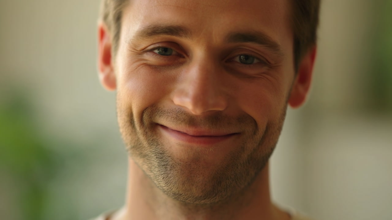 Close Up Caucasian Man Smiling Warmly, Soft Natural Light And Shallow Depth Of Field, Cozy Indoor Background