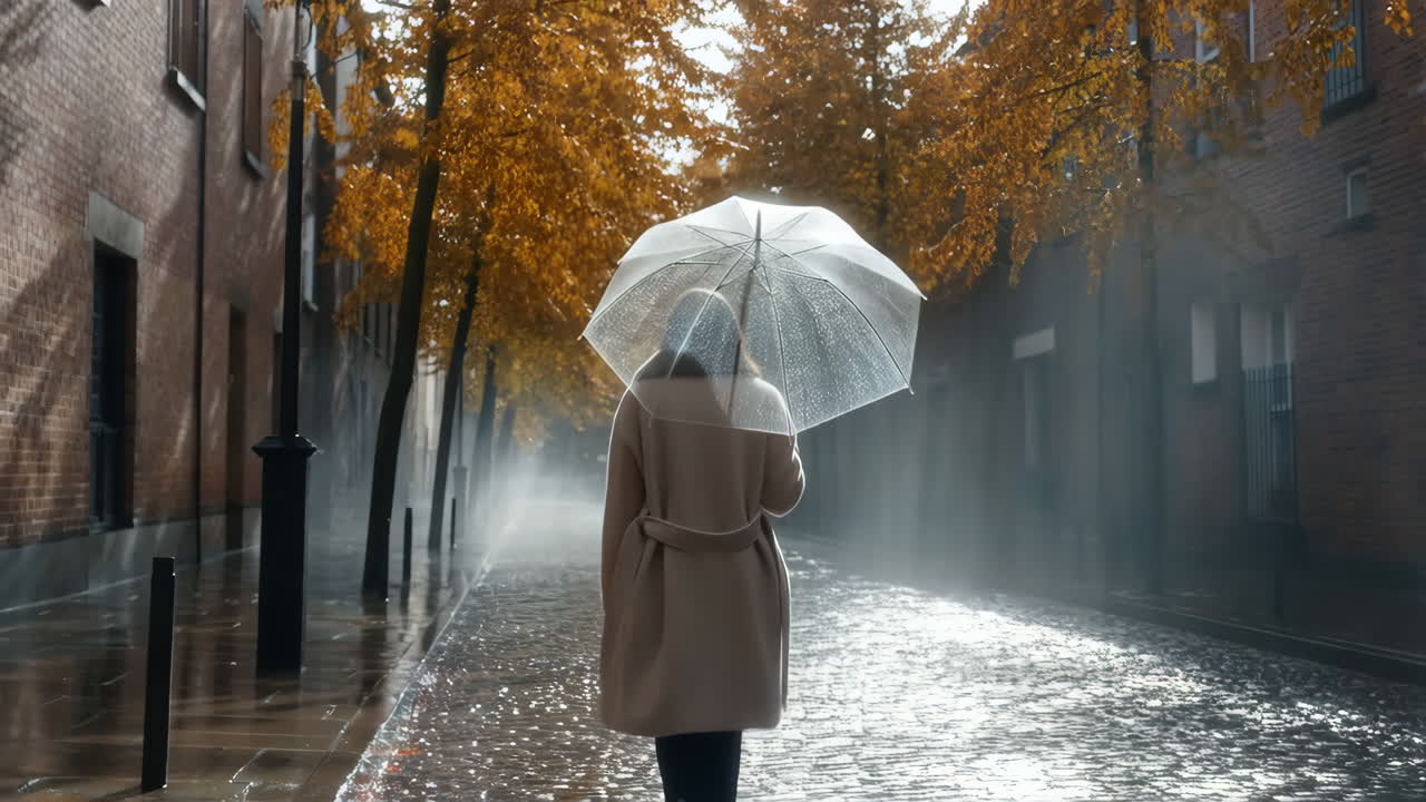 Une femme marche dans une rue d'automne pluvieuse avec un parapluie