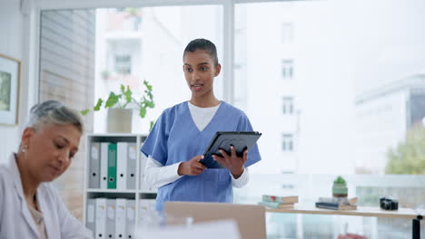 woman, doctor and tablet in meeting for coaching