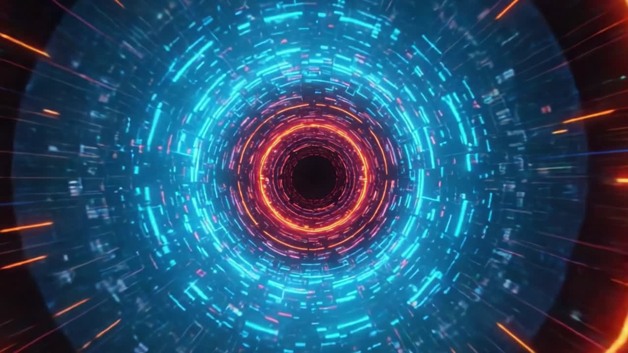 Mesmerizing Visual Journey Through a Colorful Tunnel of Light and Energy, Featuring Dynamic Patterns and Radiant Circular Designs in a Hypnotic Space Environment