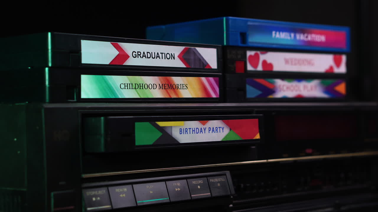 Birthday Party VHS Video Cassette Tape Ejecting From VCR, Close Up