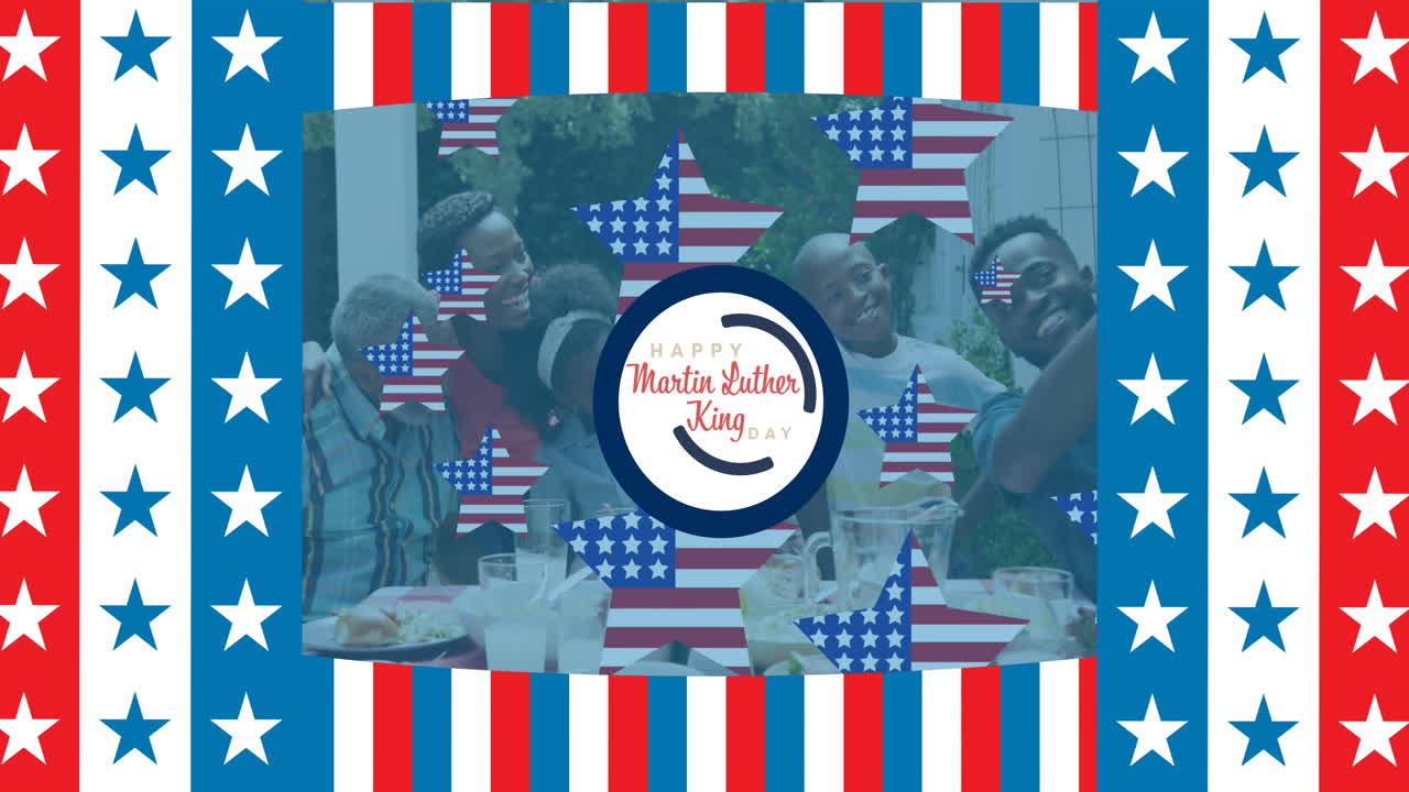 행복한 마틴 루터 킹 데이 텍스트의 애니메이션 아프리카계 미국인 가족이 저녁을 먹고 있습니다.