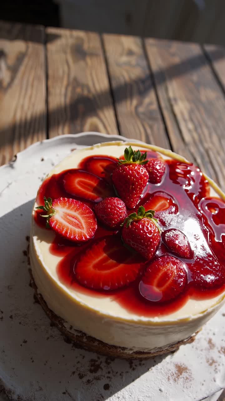 Tomada de vídeo de cima para baixo de um cheesecake com cobertura de morango em uma mesa de madeira rústica