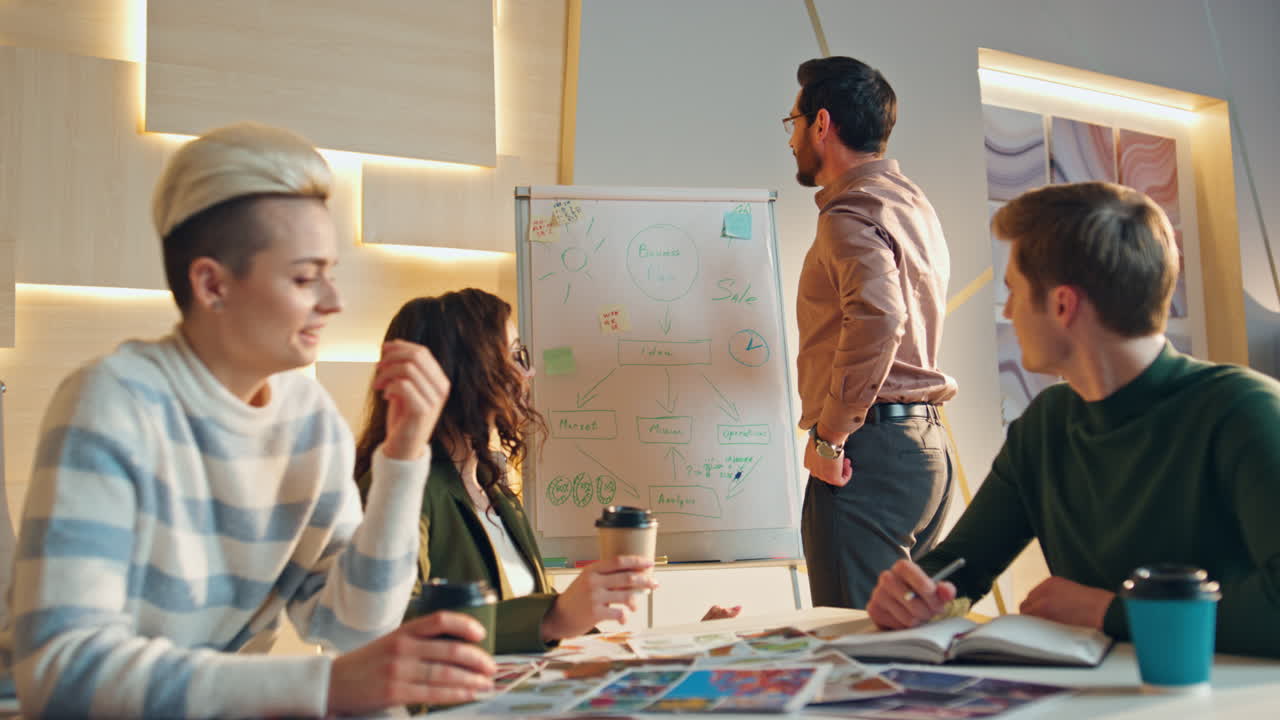 크리에이티브 매니저가 플립 차트에서 커피를 마시는 동료들에게 프로젝트를 발표하고 있습니다.