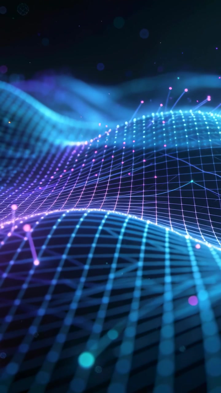 Vertical video: Camera moving forward, 3D grid undulating in void with glowing nodes, showing depth