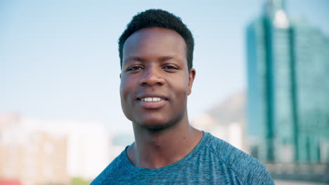 fitness, smile and face of black man in the city