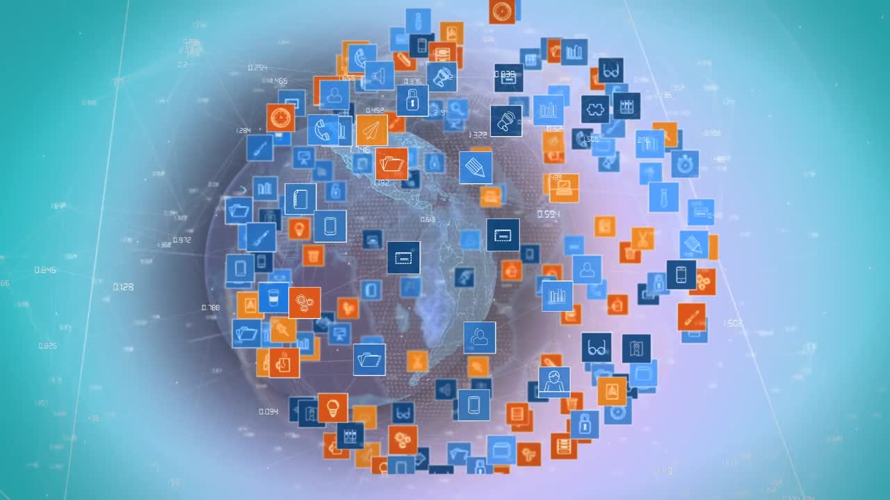 Animation af et netværk af forbindelser med ikoner over en globus og en blå baggrund